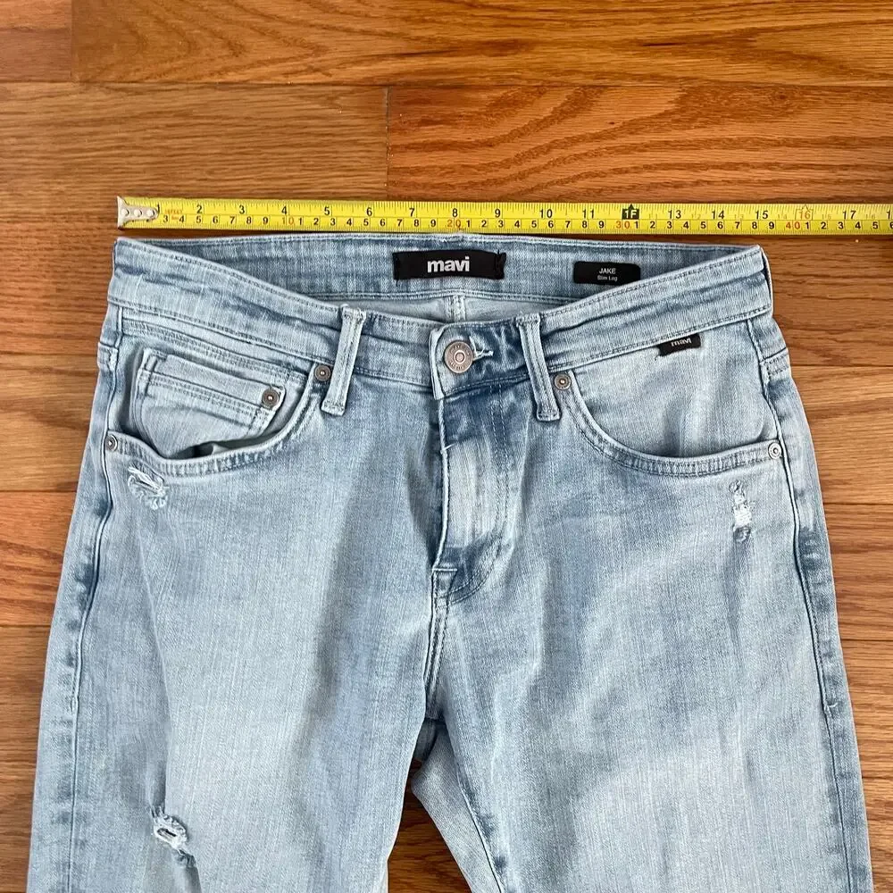 Mavi Jake Slim Jeans Mens 29x32 Light Wash Distressed Blue Denim actual 29x31
